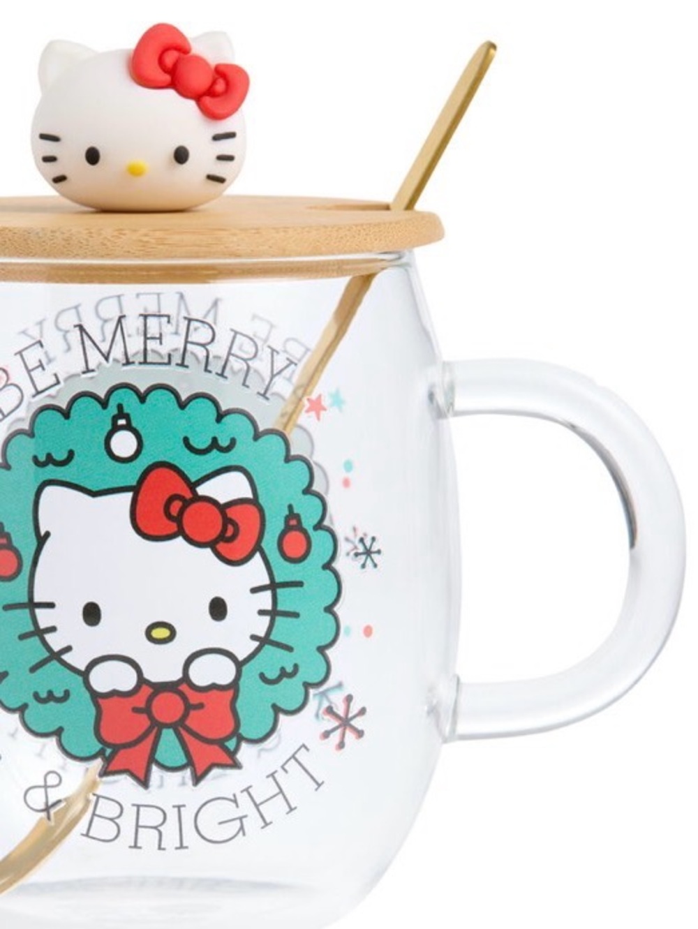 Hello Kitty, Sanrio, Glass Holiday Mug with Red Accents and Silver Spoon.